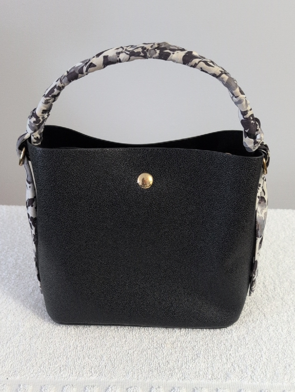 Black Faux Leather Top-Handle Bag with Patterned Wrap